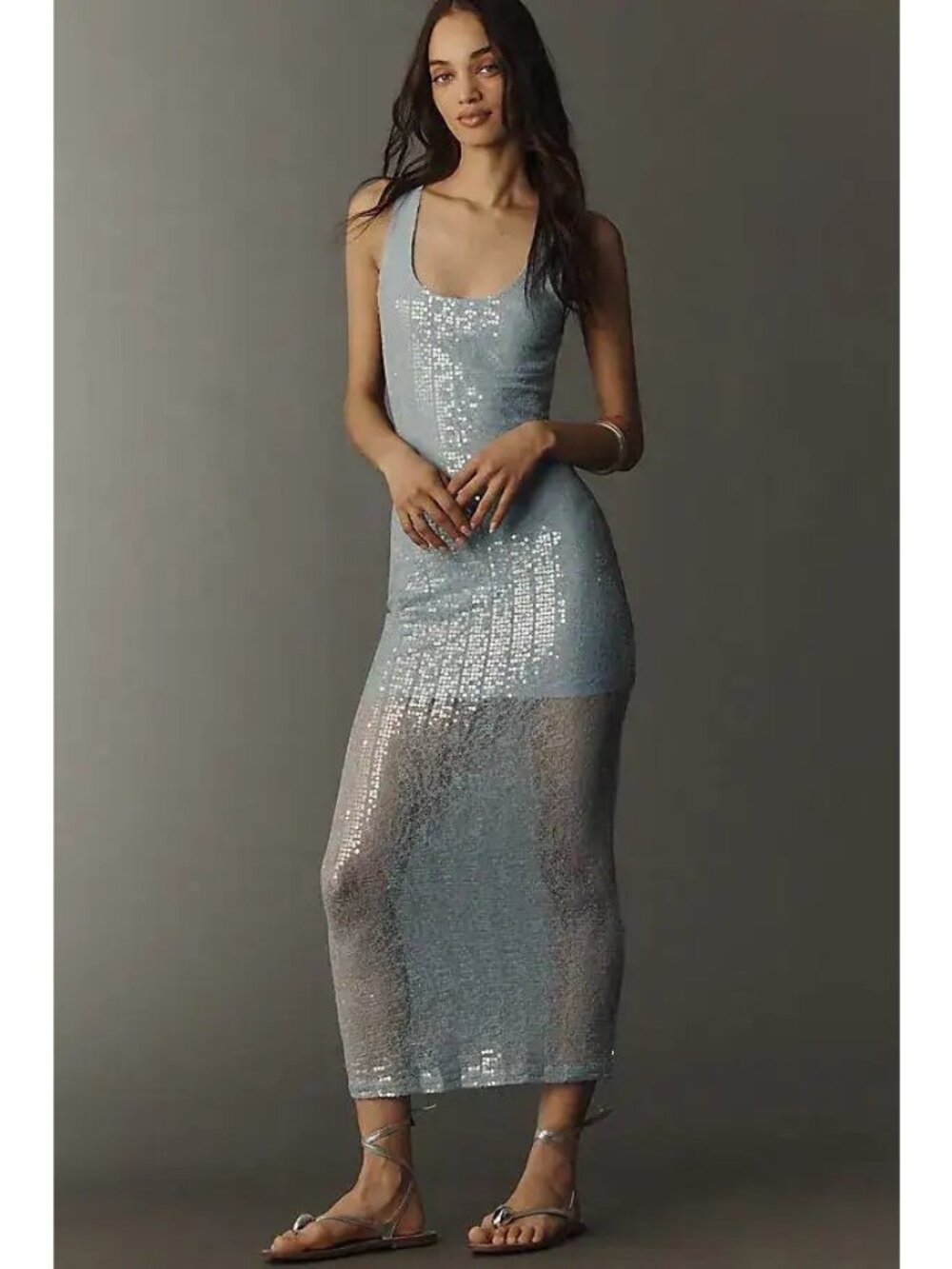 Caroline Constas Stassi Shimmer Lace Sheer Maxi Dress Dolphin Blue Womens Size X